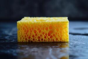 Close-up of a bright yellow kitchen sponge on a dark countertop photo