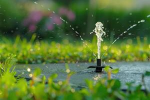 Water sprinkler spraying in a lush garden during daylight photo
