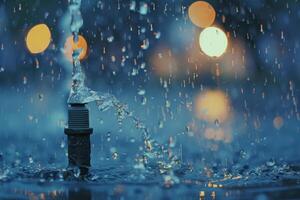 Water fountain spraying in a city park at dusk with blurred lights in the background photo