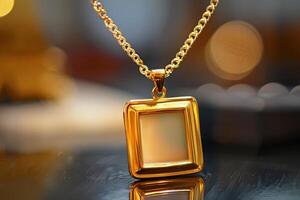 Golden pendant necklace with a square locket displayed on a reflective surface during evening light photo
