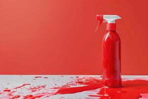 Bright red spray bottle on a white surface with vivid red liquid splattered around, captured in a studio setting photo