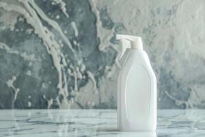Cleaning spray bottle on a marble countertop with a textured wall in the background photo
