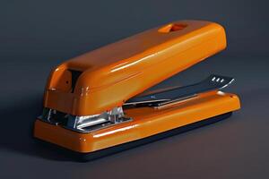 Bright orange stapler positioned on a dark surface with a minimalist background photo