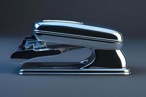 A shiny metal stapler resting on a dark surface in a well-lit workspace photo