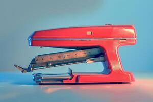 A vintage red stapler with a visible metal mechanism aligned on a colorful background photo