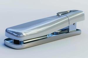 A shiny silver stapler on a clean white background, showcasing its sleek design and ergonomic shape photo