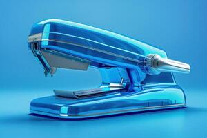 Bright blue stapler on a smooth surface with a minimalist design photo