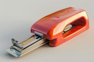 A close-up view of a red stapler resting on a neutral surface in a well-lit setting photo