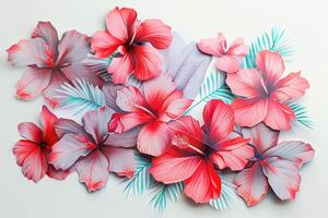 Colorful hibiscus flowers arranged artistically on a light background, showcasing intricate details and vibrant hues photo