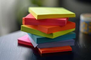Colorful stack of sticky notes on a desk in a bright workspace during the day photo