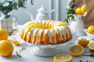 Sweet lemon bundt cake on a white pedestal surrounded by fresh lemons and greenery in a bright kitchen setting photo