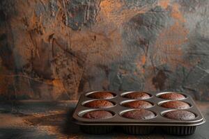Freshly baked chocolate muffins cooling in a dark metal tray against a textured background photo