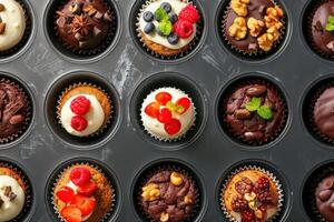 Colorful assortment of decorated cupcakes in a baking tray with various toppings photo