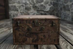 A weathered wooden trunk rests on a rustic wooden floor in a dimly lit room with stone walls photo