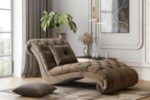 Modern living room featuring a stylish chaise lounge with decorative plants and minimalistic decor photo