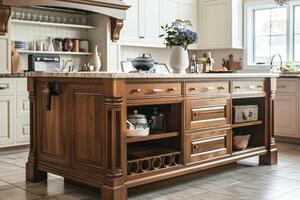 Warm wooden kitchen island with marble countertop and organized drawers in a cozy modern kitchen photo