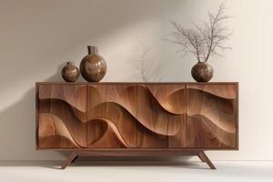 Stylish wood sideboard with wave patterns and decorative vases in a bright interior setting photo