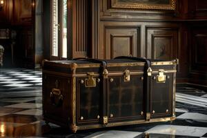 Antique wooden trunk in an elegant foyer with black and white tiled floor and ornate wood paneling photo