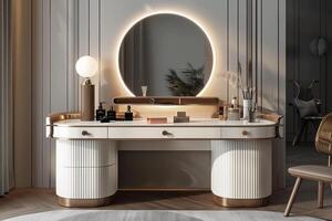 Elegant modern vanity set with round mirror in stylish interior decor photo