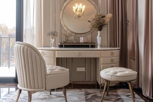 Elegant dressing table with a round mirror and plush seating in a stylish interior room photo
