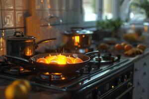 Cooking with citrus fruits in a warm kitchen during golden hour photo