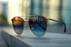 Stylish sunglasses resting on a concrete surface with reflections of a cityscape during daytime photo