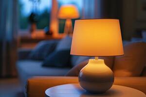 A cozy lamp illuminating a living room during twilight hours, with soft lighting casting warmth across the space photo