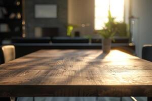 Sunlight streaming through a window over a wooden table with a small plant in a cozy interior setting photo