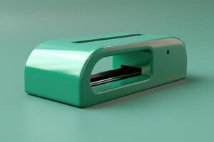 A glossy teal stapler on a smooth teal background, showcasing its sleek design and functional features in a modern workspace photo