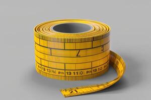 Close up of a rolled yellow measuring tape with clear markings on a plain gray background photo
