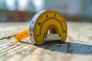 Close-up of a yellow measuring tape and protractor lying on a wooden surface in natural light photo
