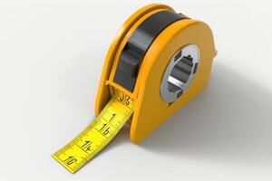 Yellow tape measure with a retractable measuring tape resting on a white surface photo