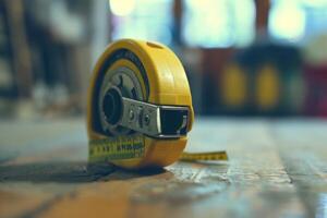 A close-up of a yellow measuring tape resting on a wooden floor in a workshop during daylight photo