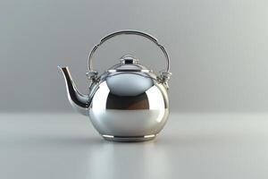 Shiny silver kettle displayed on a minimalist surface, illuminated by soft light in a studio setting photo