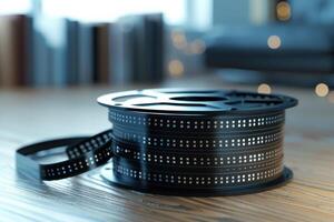 Film reel resting on a wooden table with soft lighting in a cozy interior space photo