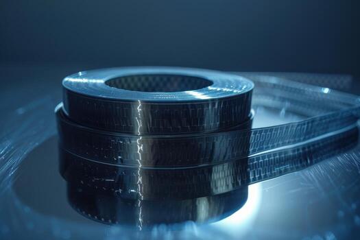 A spool of film lies on a reflective surface, illuminated with soft blue lighting in a low-key environment photo