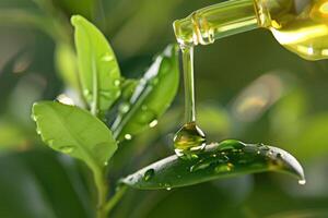Oil being dropped onto green leaves with droplets in a natural setting during daytime photo