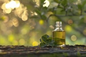 Oil bottle placed on a tree trunk surrounded by lush greenery during golden hour photo