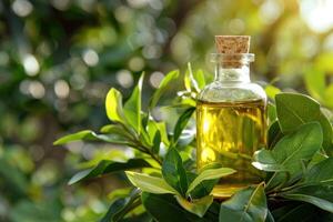 Glass bottle of natural oil resting on fresh green leaves with sunlight filtering through trees photo