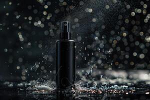 Black spray bottle with water droplets against a dark background, creating an artistic splash effect photo
