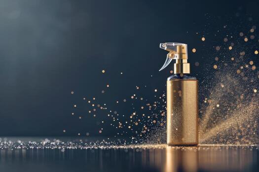 Golden spray bottle releasing shimmering particles on a dark background photo