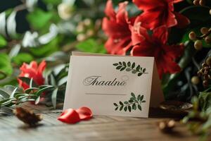 Elegant greeting card with floral decorations on a wooden surface photo