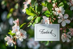 Thank you card placed among blooming apple tree flowers on a sunny spring day photo