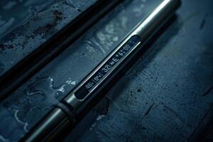 Close-up of a precision measuring tool resting on a metallic surface with droplets of water photo