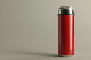 Red stainless steel thermos standing upright on a neutral background photo