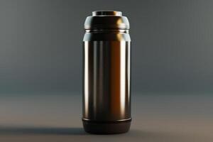 Sleek stainless steel thermos standing on a neutral backdrop with soft lighting photo