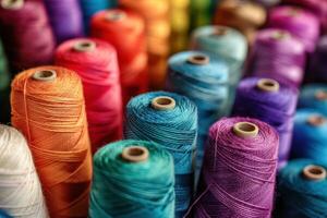 Colorful spools of thread arranged in a vibrant display, showcasing a variety of hues and textures for sewing and crafting photo