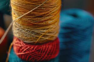 Colorful spools of thread stacked in a crafting studio during the afternoon photo