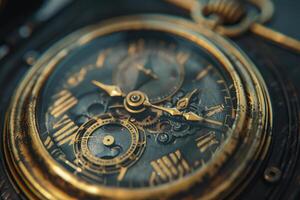 Close-up view of an antique pocket watch with intricate details and a vintage finish photo