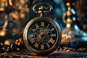 Antique pocket watch with intricate details resting on a textured surface in a softly lit space photo